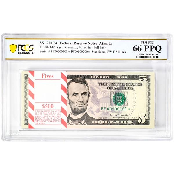 Pack of 2017A $5 Federal Reserve STAR Notes Atlanta Fr.1998-F* PCGS Gem UNC 66PPQ