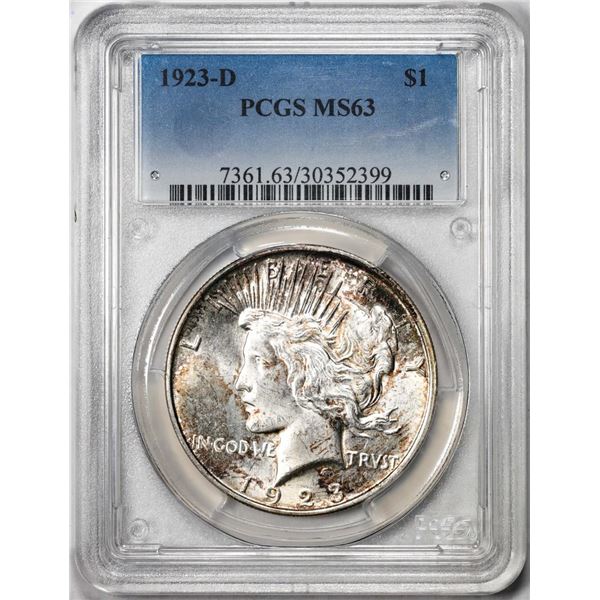1923-D $1 Peace Silver Dollar Coin PCGS MS63 Nice Toning