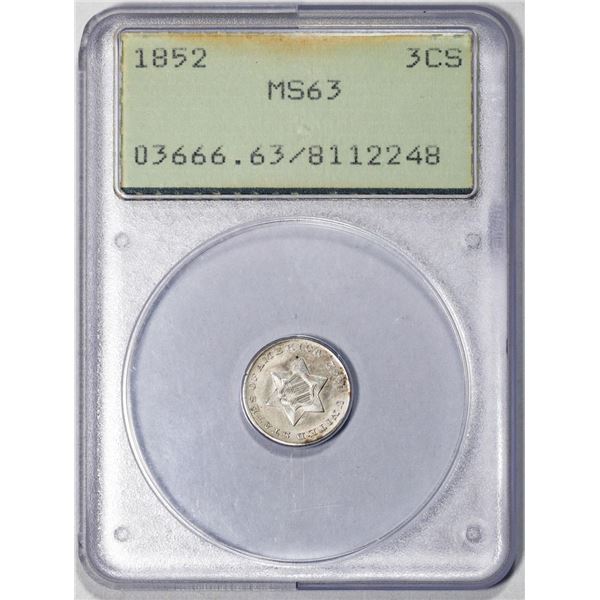 1852 Three Cent Silver Coin PCGS MS63 Old Green Rattler
