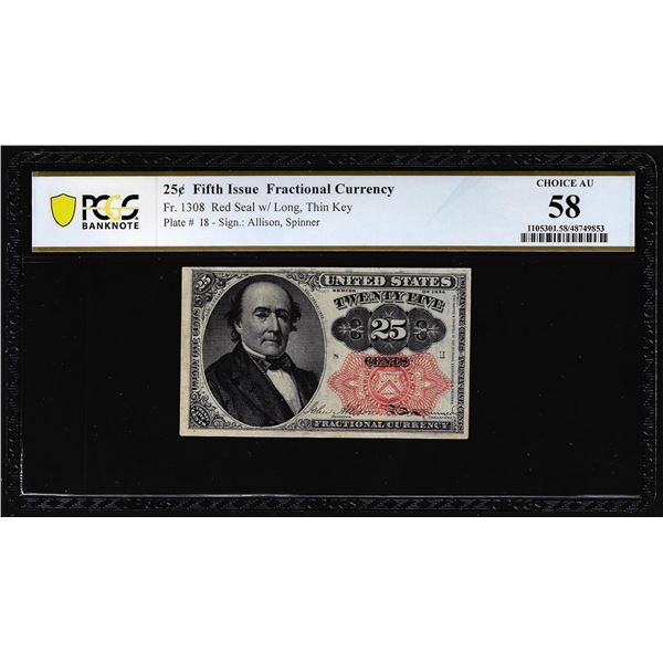 1874 Fifth Issue Twenty-Five Cents Fractional Currency Note Fr.1308 PCGS Choice AU 58