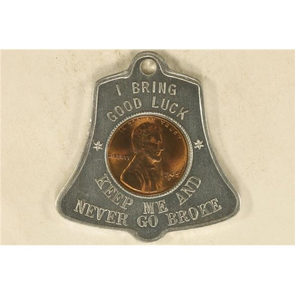 ENCASED 1948-D UNC LINCOLN WHEAT CENT.  BELL
