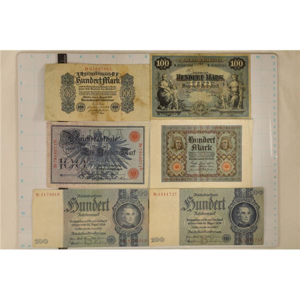 6 GERMAN 100 MARK BILLS: 1900, 1908, 1920, 1922 &