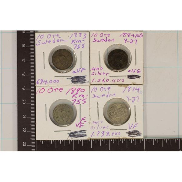 1883, 84, 90 & 1894 SWEDEN SILVER 10 ORE .0744 OZ