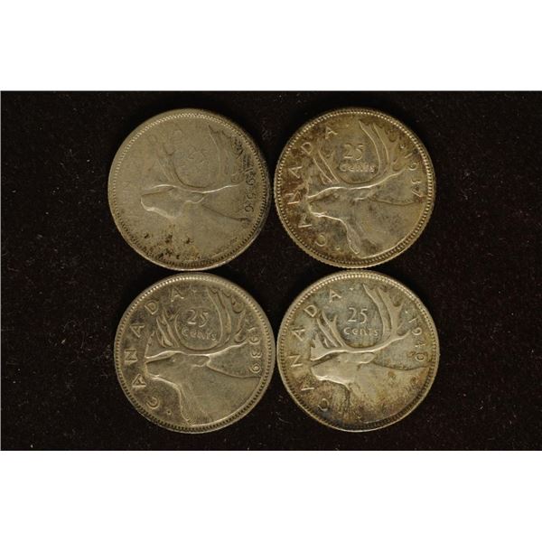 1936, 37, 39 & 1940 CANADA SILVER 25 CENTS .6000