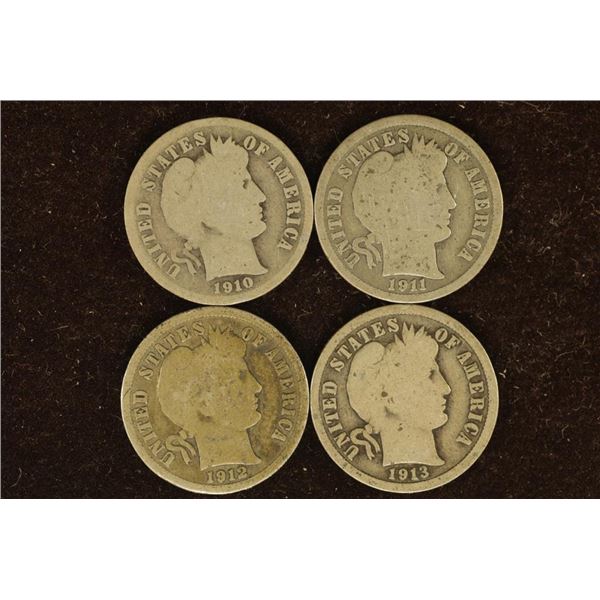 1910, 11, 12-D & 1913 SILVER BARBER DIMES