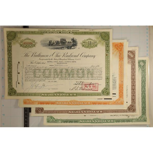 4 VINTAGE STOCK CERTIFICATES BALTIMORE AND OHIO