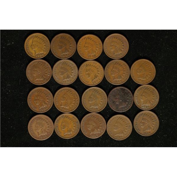 19 ASSORTED INDIAN HEAD CENTS: 1900-1907