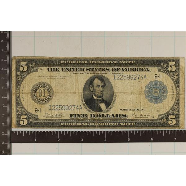 1914 US $5 FRN BLUE SEAL HORSE BLANKET BILL