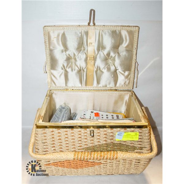 VINTAGE SEWING BASKET WITH ASSORTED SUPPLIES 9" X