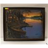 Image 1 : 25" X 31" CABIN ON THE LAKE SCENE FRAME PICTURE