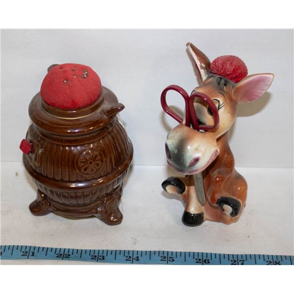 2 VINTAGE CERAMIC PIN CUSHION FIGURES