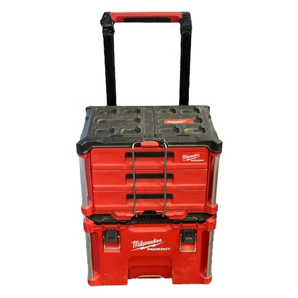 Group of Milwaukee Packout Storage System w/Contents (Handle Broken)