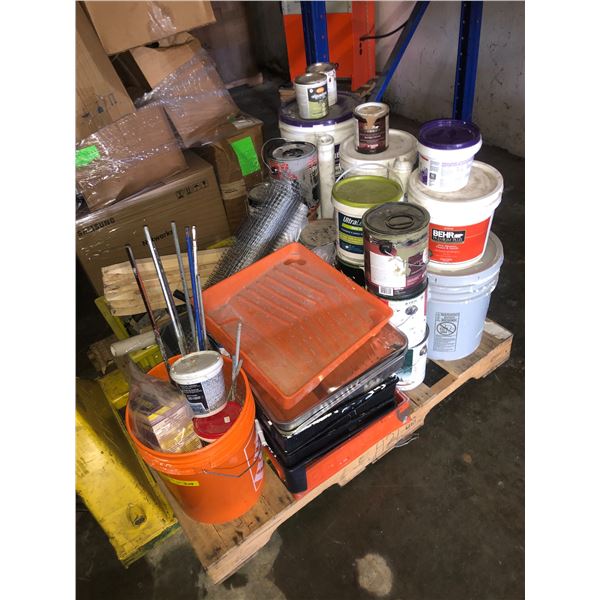 Pallet of Paint Tubs & Misc Paint Supplies
