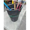 Image 2 : Bin lot - Garbage bin with contents including pick axe, shovel, axe, conduit shaper