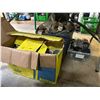 Image 1 : Group lot- Box of butterfly brackets,  bin of electrical tape and bin of zap straps and hose clamps
