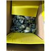 Image 2 : Group lot- Box of butterfly brackets,  bin of electrical tape and bin of zap straps and hose clamps