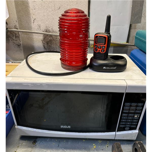 RCA microwave, vintage glass light housing & midland 2 way radio
