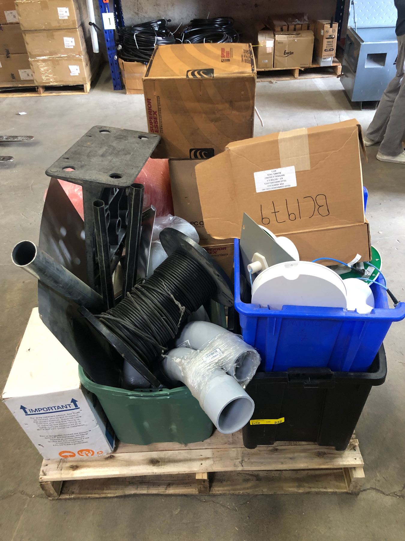 Pallet of misc. telecom supplies - includes cables/ pvc tubes/ Cat6 ...