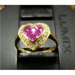 Heart shaped 14K yellow gold sapphire ring: 8 pink sapphires and 16 .15 carat diamonds (217)