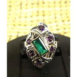 14K white gold emerald and amethyst ring: emerald approx. .45 carats, bezel set, type 3 clarity, VS,