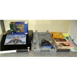 Lot of: Air force plaque and knife, new flashlight/tool kit, dremmel kit, DVD's, disposable cameras,
