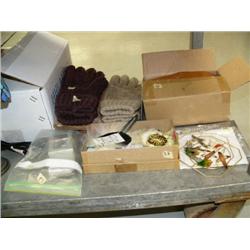 Lot of: gloves, lighters, knife sheaths, Alaska jewelry, and light catchers (223)