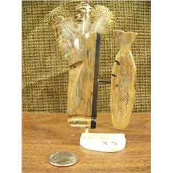 Fossilized ivory mask with whale on ivory base by Jerome Saclamana "Whale Hunter" (223)