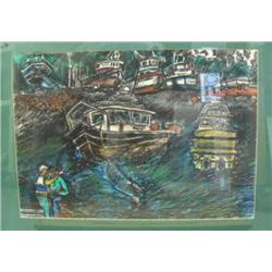 Framed and matted original of a fishing boat (116)
