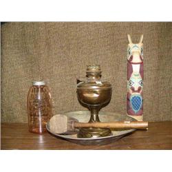 Lot of: kerosene lamp, wood mallet, gold pan, wood totem and mason jar (2)