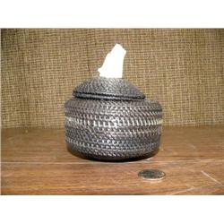 Large baleen basket with ivory polar bear finial and bottom by Marylyn Hank, Pt. Hope, AK 4" wide, 5