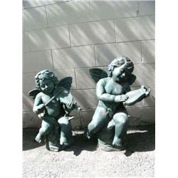 Lot of 2 cast iron statues: Angel with violin 28" tall, angel with harp 30" tall (2)