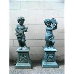 Lot of 2: Cast iron statues: boy with guitar 47" tall, girl holding plate 47" tall (1)