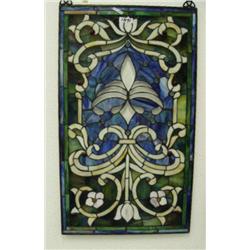 33.25"x20" stained glass window with blue, green and jewels (4)