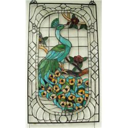 33.75"x19.5" stained glass window of peacock with green and clear beveled glass (4)