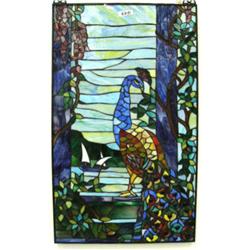 33.25"X19.25" stained glass window with peacock and blue and green glass (4)