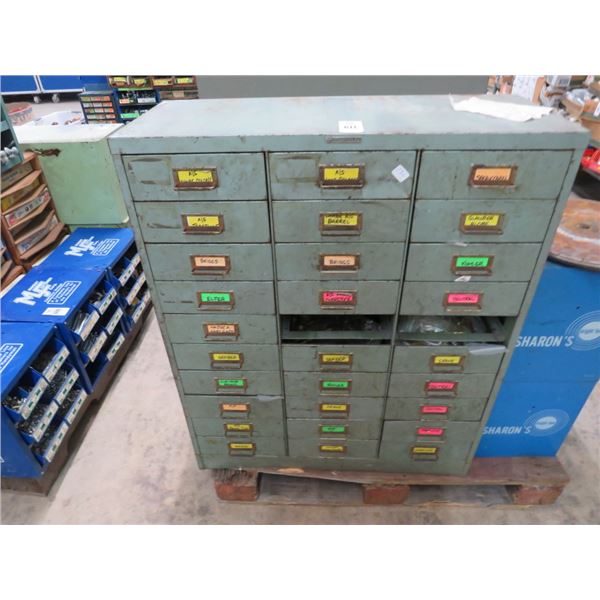 Green Metal 28 Drawer Parts Bin Cabinet w/Asst. Plumbing Hardware