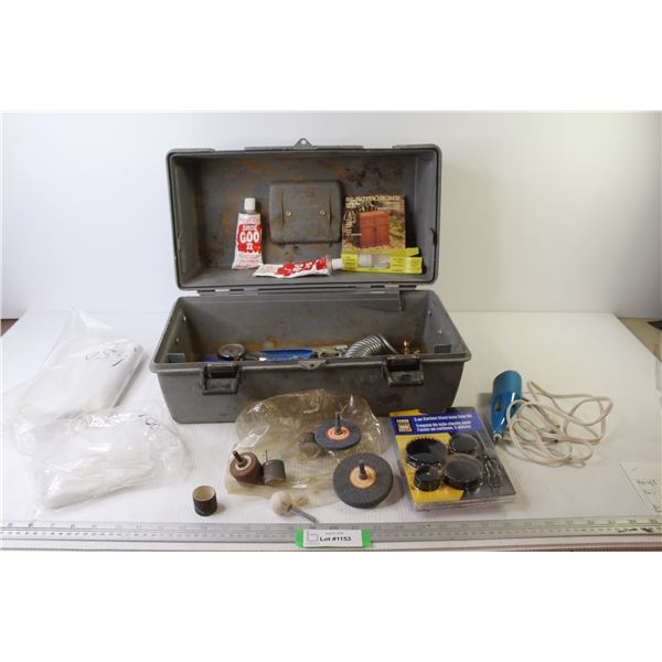 Tool Box (no tray) - 5Pc Steel Hole saw Kit (NIB) - Grinding Attachments - Plastic Bags - Engraver (