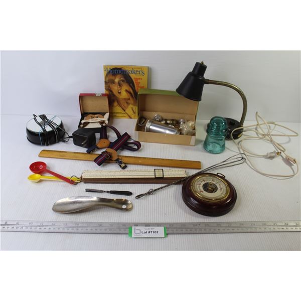 Vintage Cake Decorator - Glass Insulator - Rulers - Desk Lamp - Garters - Led Light - Vintage Tweeze