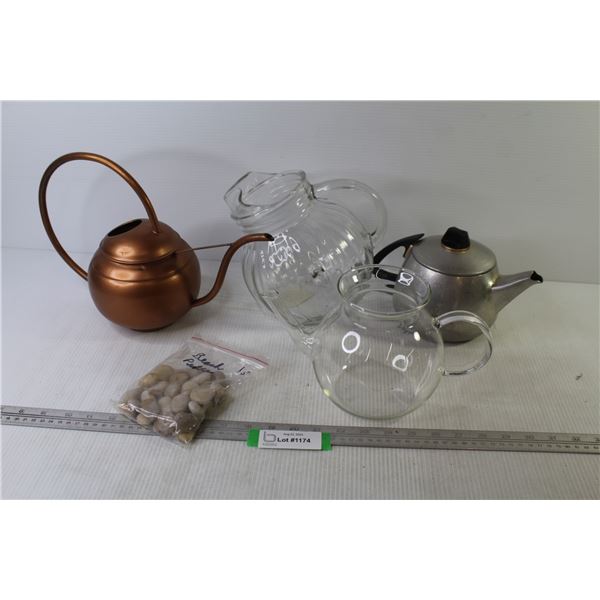 (2) Glass Pitchers - Copper Watering Can - Vintage Kettle - Bag of Beach Pebbles