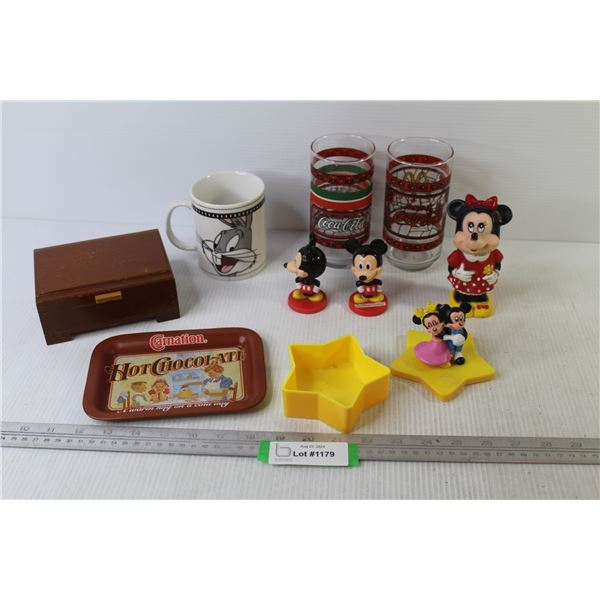 (2) Coca-Cola Glasses - Wooden Trinket Box - Bugs Bunny Cup - Mickey & Minnie Star Container - (2) M