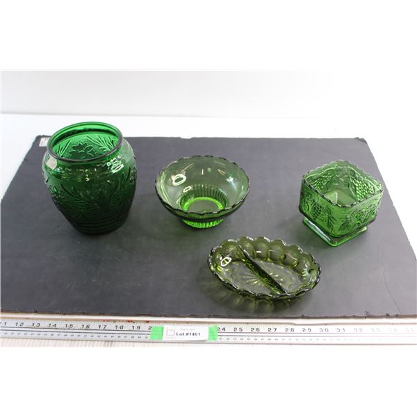 (3) Green Glass Vases and Divided Dish