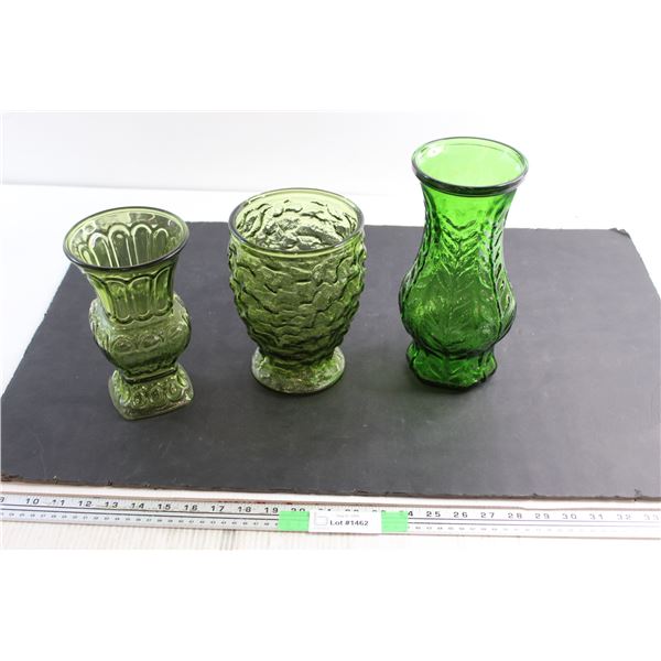 (3) Assorted Green Glass Vases