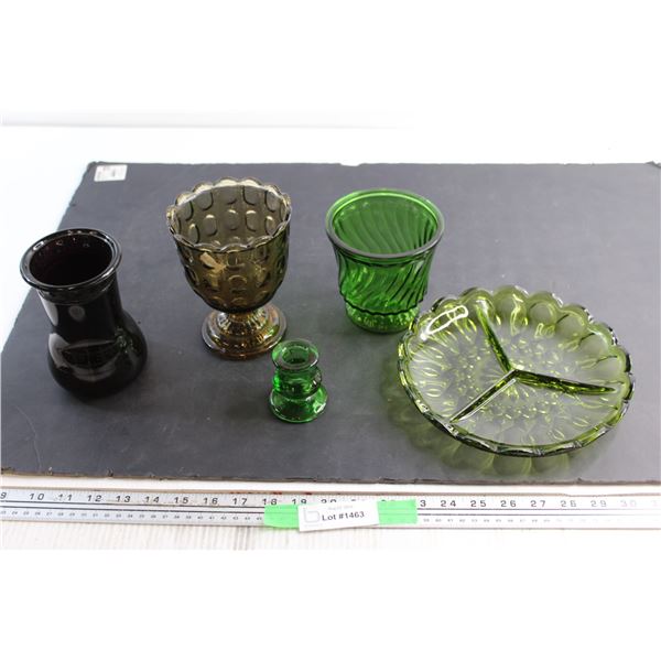 (3) Vases, Divided Dish and Candle Holder