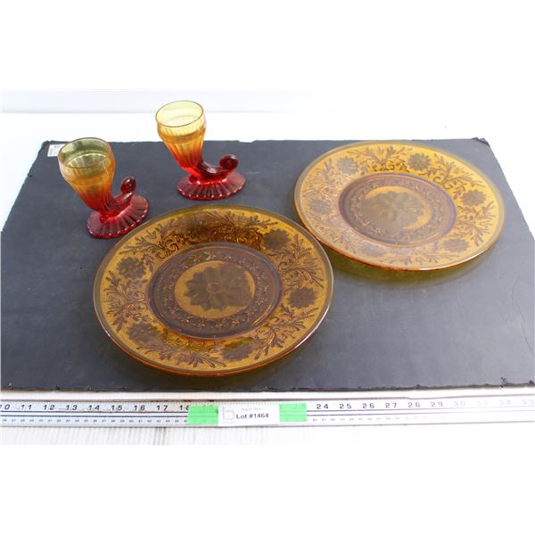 (2) Horn of Plenty Vases and (2) Amber Glass Plates 12''