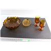 Image 1 : (4) Amber Glass Items - Bowl 11'', Serving Plate and (2) Glasses