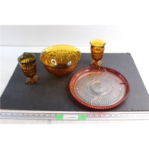 Amber Glass Bowl 10'', Serving Plate and (2) Amber Glass Glasses