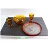 Image 1 : Amber Glass Bowl 10'', Serving Plate and (2) Amber Glass Glasses