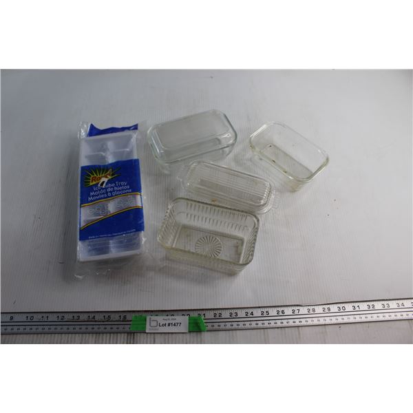 Ice Cube Tray and (4) Glass Butter Dishes