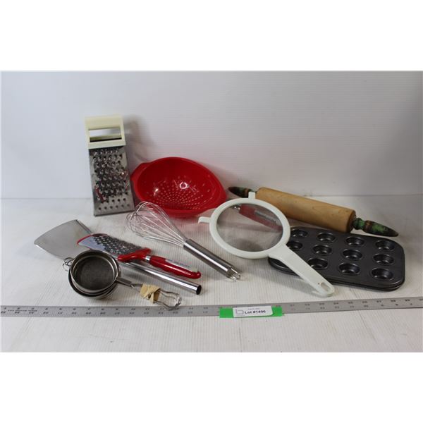 Betty Crocker Plastic Strainer, Whisk, Wooden Rolling Pin, Grater, Assorted Kitchen Items