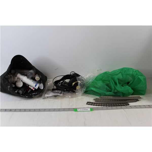 Bag Of Assorted Shoe Paints, RCA Headphones, Assorted Train Tracks